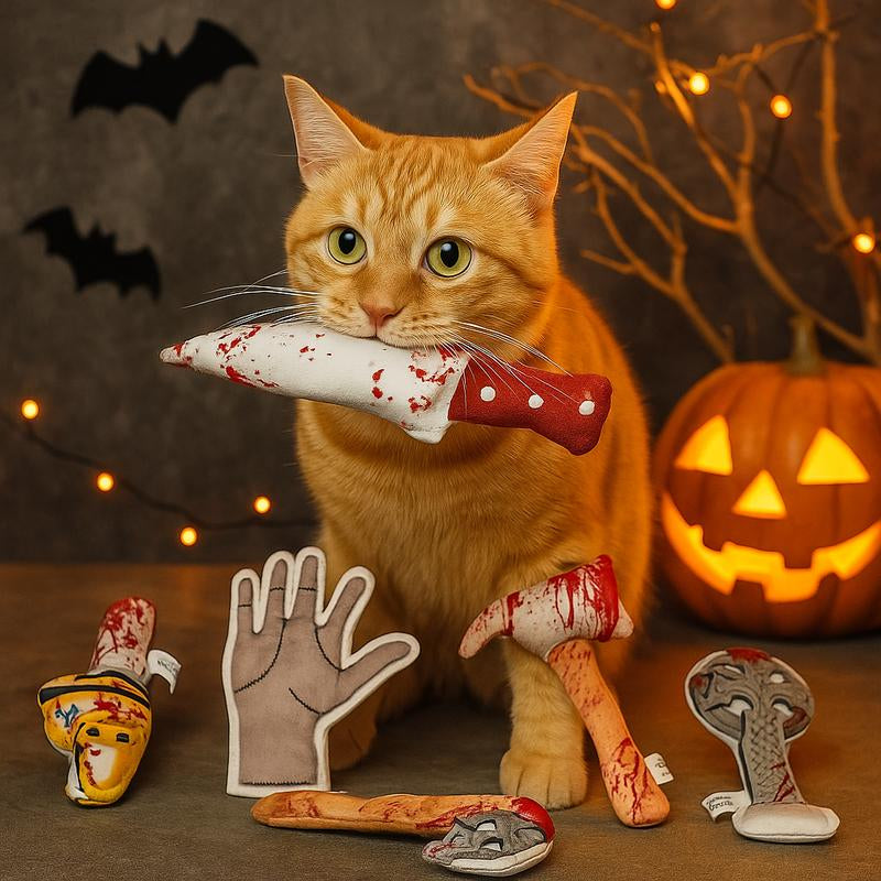 Puretoy 5 Pack Bloody Kitten Halloween Cat Toy Set, Premium Cat Herb Filling, Spooky Knife Toys for Cats, Teething & Kicking Fun, Halloween Gift