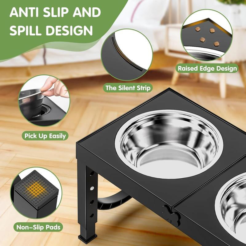 Elevated Dog Bowls, Adjustable Raised Dog Bowl Stand with 4 Heights (9/11/12/14 In), Stainless Steel Feeding Bowls for Large & Medium Dogs, Non-Slip Pet Feeder for Food & Water, Supports Joint Health, Black, Durable Feeding Supplies