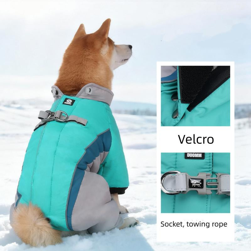 Autumn Winter New Fleece Dog Warm Clothes, Waterproof Leashable Four-Legged Pet Clothing, Portable Dog Jacket, Outdoor Reflective Anti-Cold Dog Coat