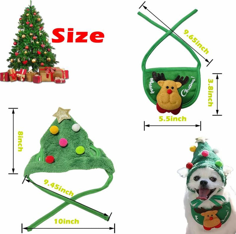 Pet Christmas Decoration 2025 New Cute Green Chrimas Tree Hat &Bib -Plush Winter Headgear for Dogs &Cats Perfect for Gifts&Party Decor