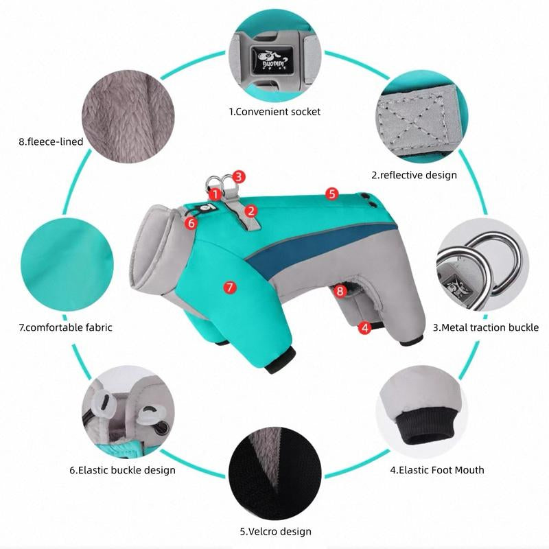 Autumn Winter New Fleece Dog Warm Clothes, Waterproof Leashable Four-Legged Pet Clothing, Portable Dog Jacket, Outdoor Reflective Anti-Cold Dog Coat