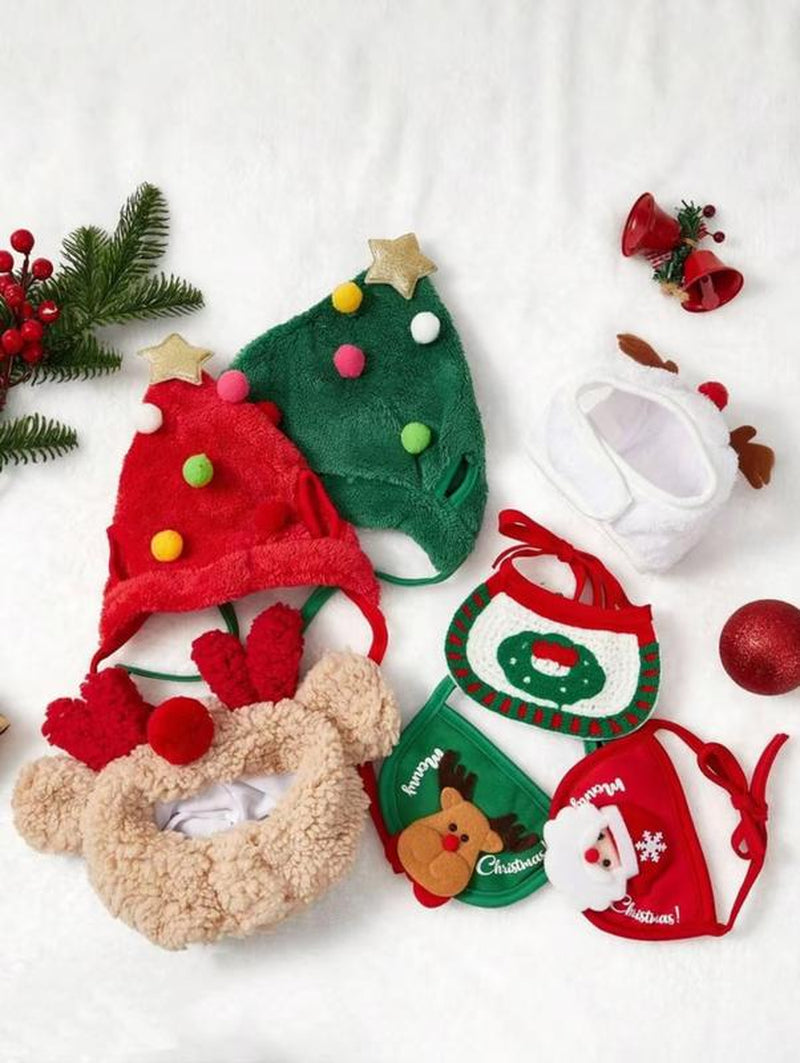 Pet Christmas Decoration 2025 New Cute Green Chrimas Tree Hat &Bib -Plush Winter Headgear for Dogs &Cats Perfect for Gifts&Party Decor