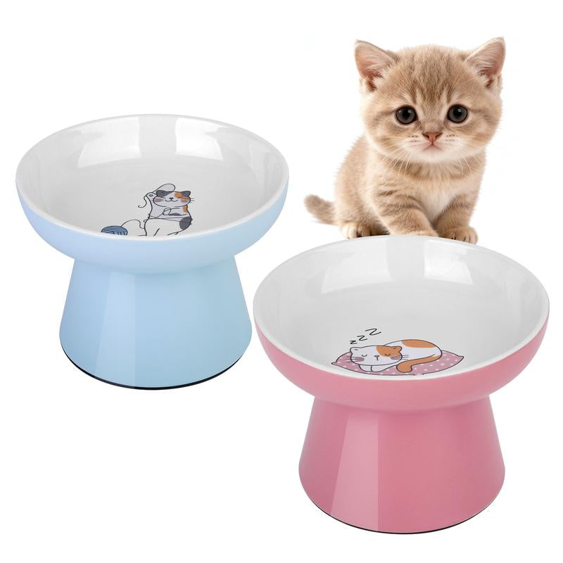 2 Pcs Ceramic Cat Bowls for Small Pets – Ergonomic Design to Improve Posture & Reduce Vomiting, Non-Slip Base, Whisker-Friendly, Prevents Tipping, Microwave & Dishwasher Safe, Easy to Clean