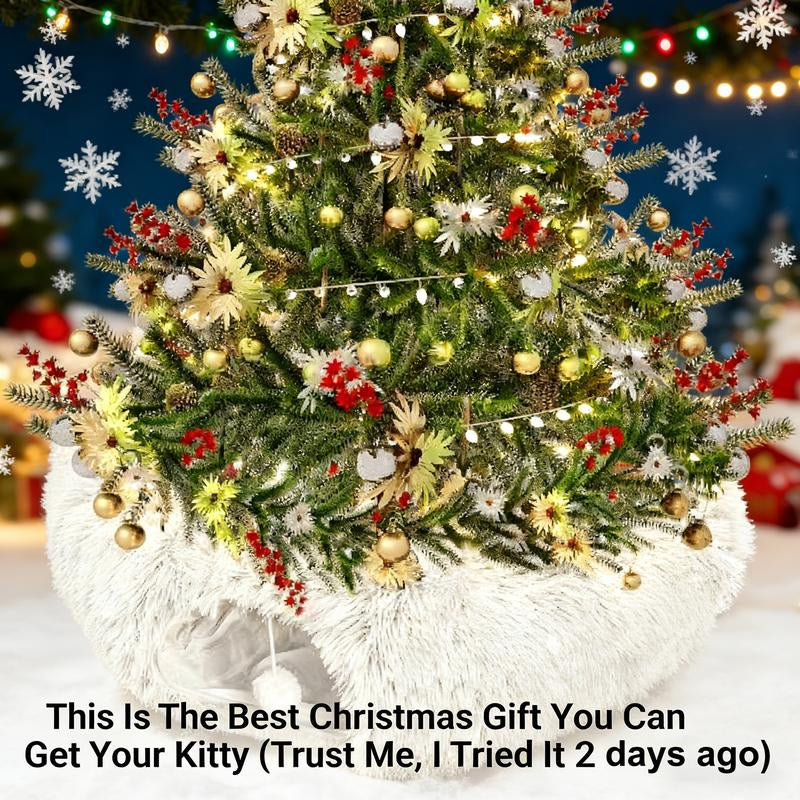 Christmas Tree Skirt Cat Tunnel Bed Soft Plush Multifunctional Collapsible Tunnel with Cotton Cushion for Small Pets Cozy Winter Cat Tunnel Bed with Steel Wire Safety Protection