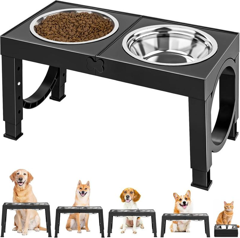 Elevated Dog Bowls, Adjustable Raised Dog Bowl Stand with 4 Heights (9/11/12/14 In), Stainless Steel Feeding Bowls for Large & Medium Dogs, Non-Slip Pet Feeder for Food & Water, Supports Joint Health, Black, Durable Feeding Supplies