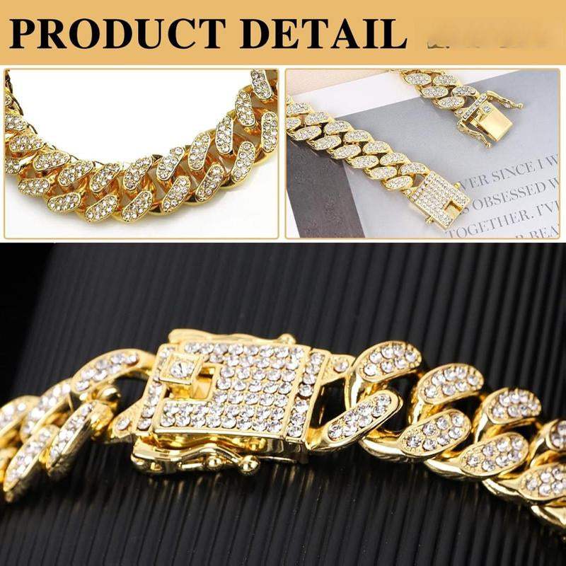 Cuban Link Gold Dog Chain Collar - Designer Metal Necklace Crystal Secure Buckle Stylish Jewelry Accessory for Small, Medium, Large Dogs Cats (Gold, 18 Inch) Diamond Pet Fashionable Chain Necklace