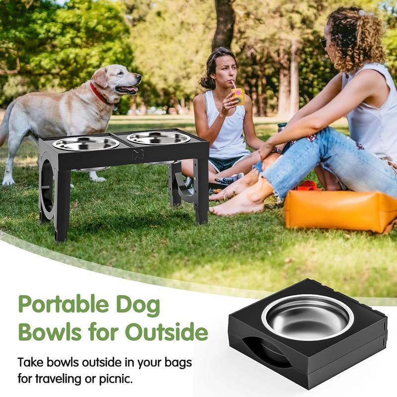 Elevated Dog Bowls, Adjustable Raised Dog Bowl Stand with 4 Heights (9/11/12/14 In), Stainless Steel Feeding Bowls for Large & Medium Dogs, Non-Slip Pet Feeder for Food & Water, Supports Joint Health, Black, Durable Feeding Supplies