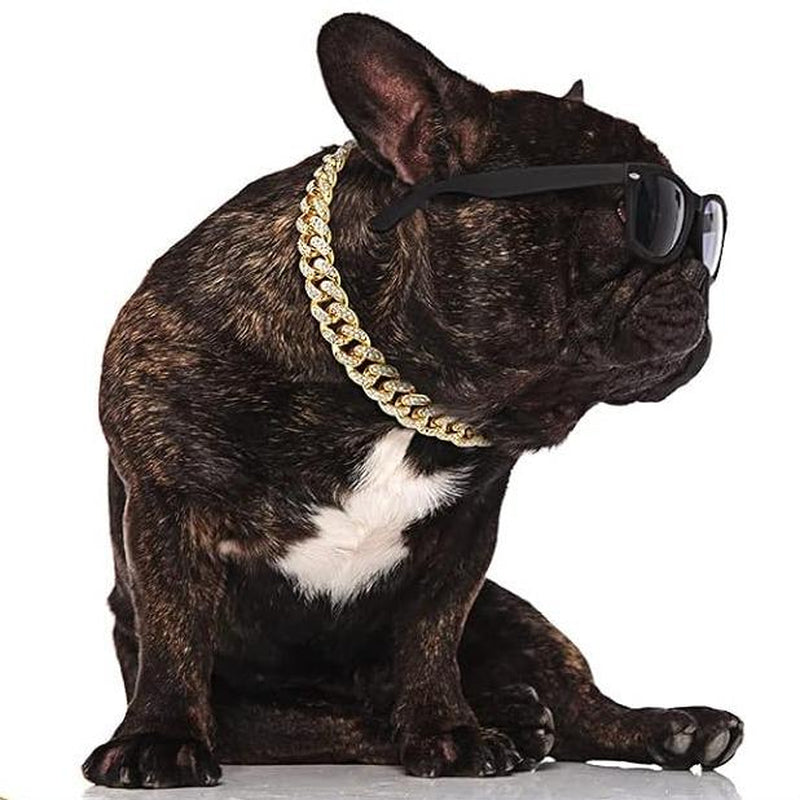 Cuban Link Gold Dog Chain Collar - Designer Metal Necklace Crystal Secure Buckle Stylish Jewelry Accessory for Small, Medium, Large Dogs Cats (Gold, 18 Inch) Diamond Pet Fashionable Chain Necklace