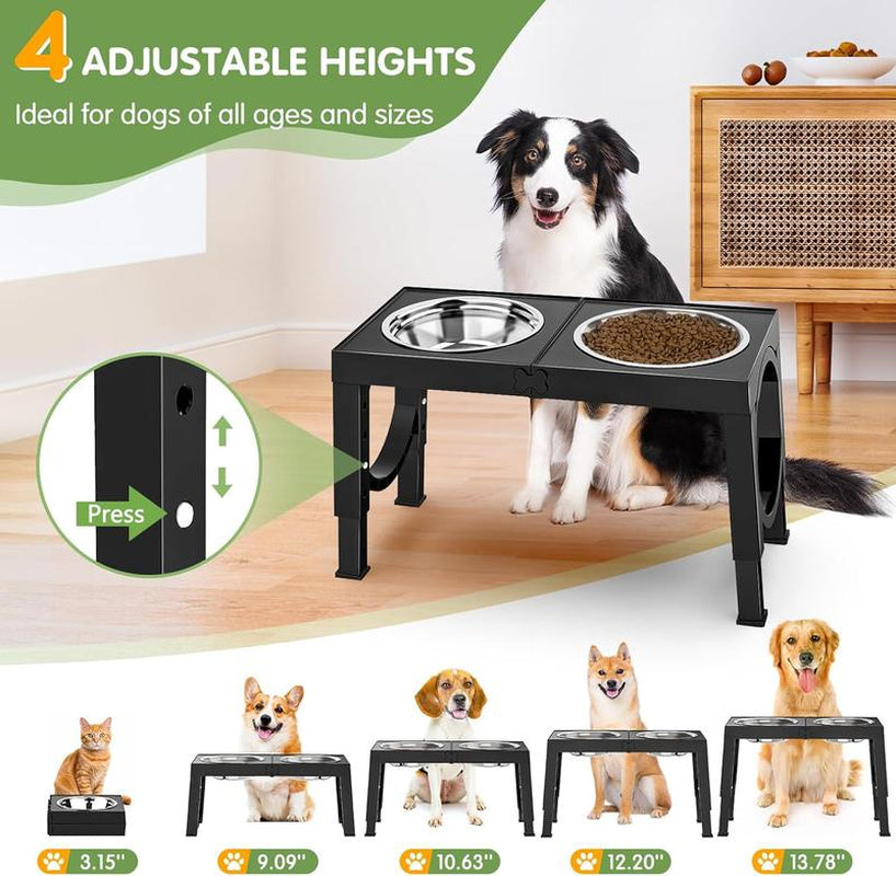 Elevated Dog Bowls, Adjustable Raised Dog Bowl Stand with 4 Heights (9/11/12/14 In), Stainless Steel Feeding Bowls for Large & Medium Dogs, Non-Slip Pet Feeder for Food & Water, Supports Joint Health, Black, Durable Feeding Supplies