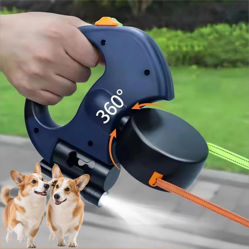Dual Retractable Dog Leash — 3M, No-Tangle 360° Swivel, Flashlight & Poop Bag Holder