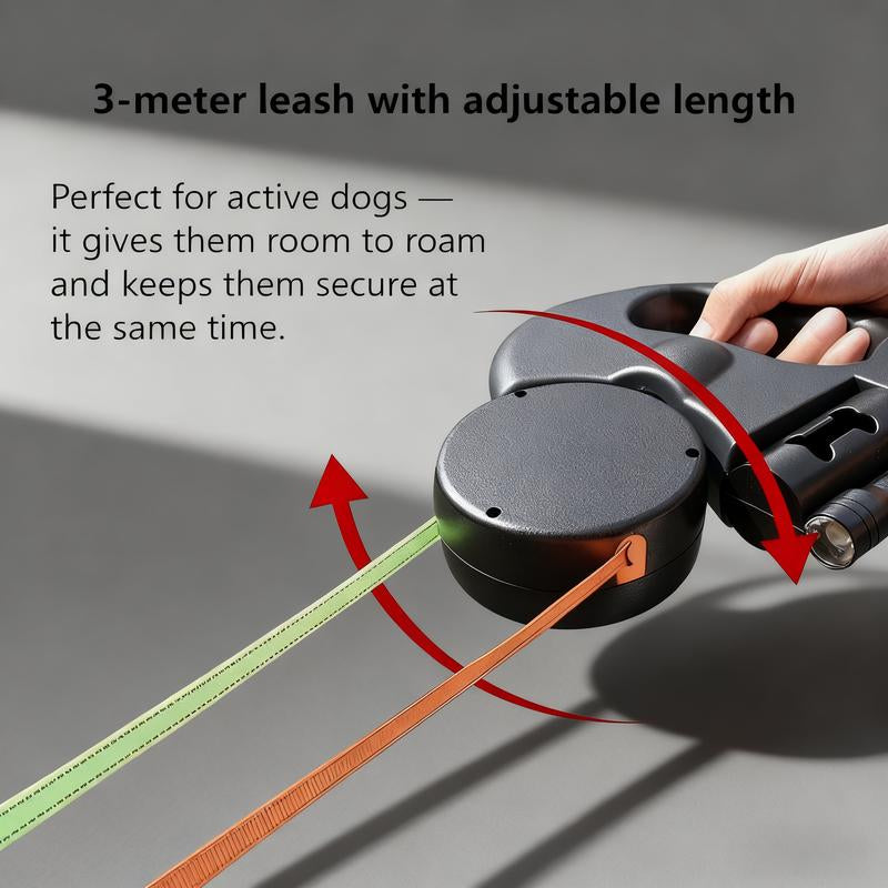 Dual Retractable Dog Leash — 3M, No-Tangle 360° Swivel, Flashlight & Poop Bag Holder