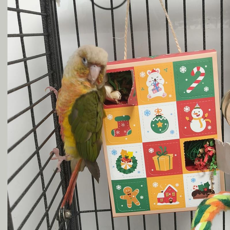 Christmas Foraging Box - 12-Grid 3-In-1 Natural Chew Toy for Birds & Small Pets with Sola Flowers, Wood Blocks & Holiday Treats, Interactive Surprise Box with Hanging Hook (5.1”X6.7”)