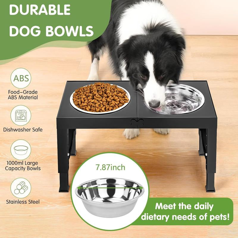 Elevated Dog Bowls, Adjustable Raised Dog Bowl Stand with 4 Heights (9/11/12/14 In), Stainless Steel Feeding Bowls for Large & Medium Dogs, Non-Slip Pet Feeder for Food & Water, Supports Joint Health, Black, Durable Feeding Supplies