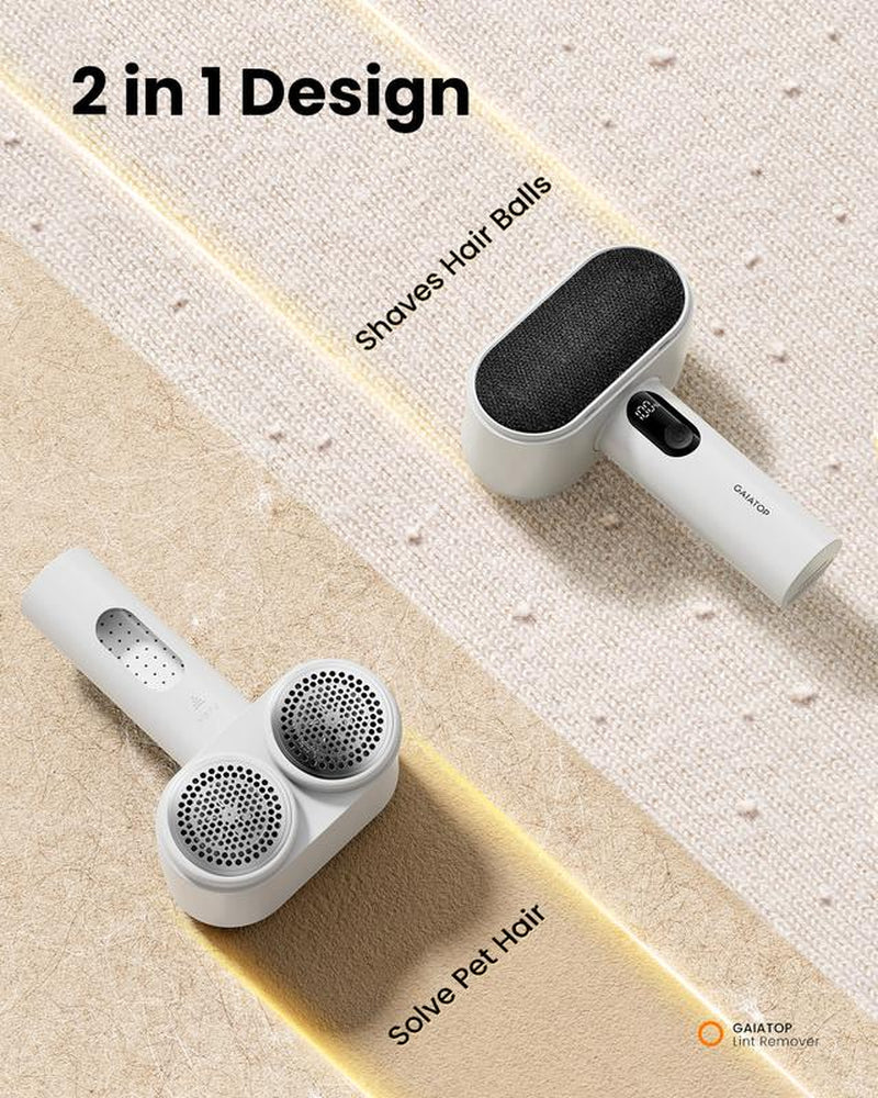 GAIATOP 2-In-1 Dual-Head Fabric Shaver & Pet Hair Remover, 11Cm Rechargeable Lint Remover with LED Display & Dual 6-Leaf Blades, Sweater Defuzzer + Pet Hair Brush for Clothes Sofa Couch
