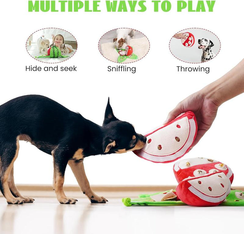 Nocciola 4-In-1 Watermelon Dog Enrichment Toys, 3 Squeaky Slices with a Rind Snuffle Mat for Treats Hunting Fun, Hide and Seek Puzzle Toy for All Breeds