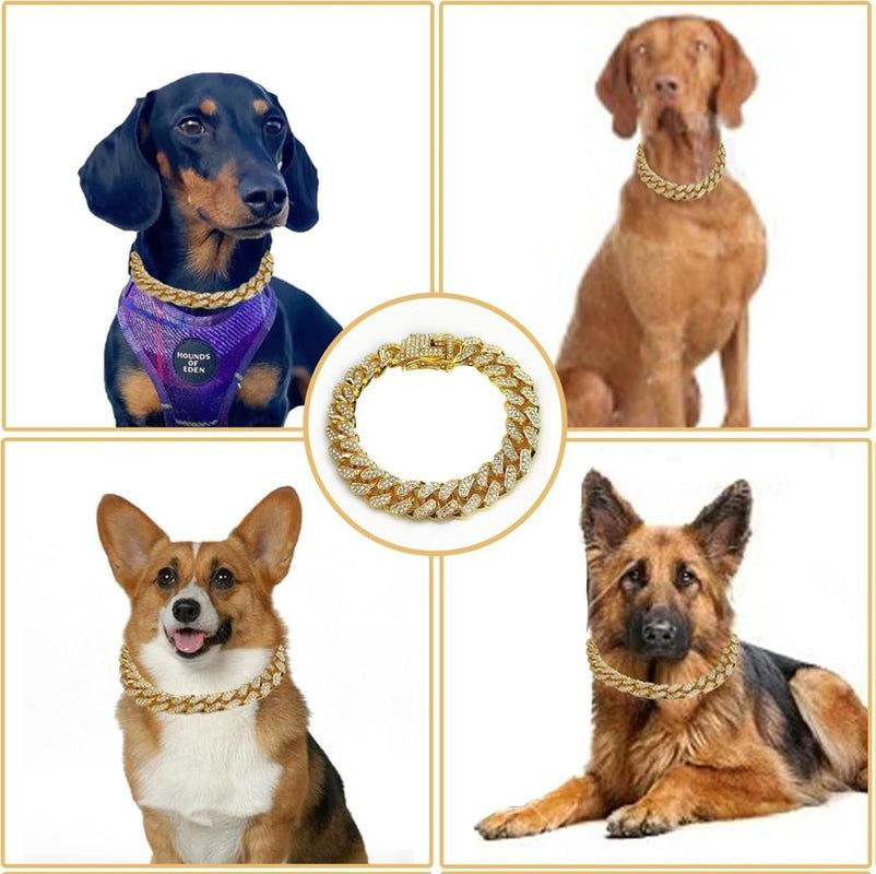 Cuban Link Gold Dog Chain Collar - Designer Metal Necklace Crystal Secure Buckle Stylish Jewelry Accessory for Small, Medium, Large Dogs Cats (Gold, 18 Inch) Diamond Pet Fashionable Chain Necklace