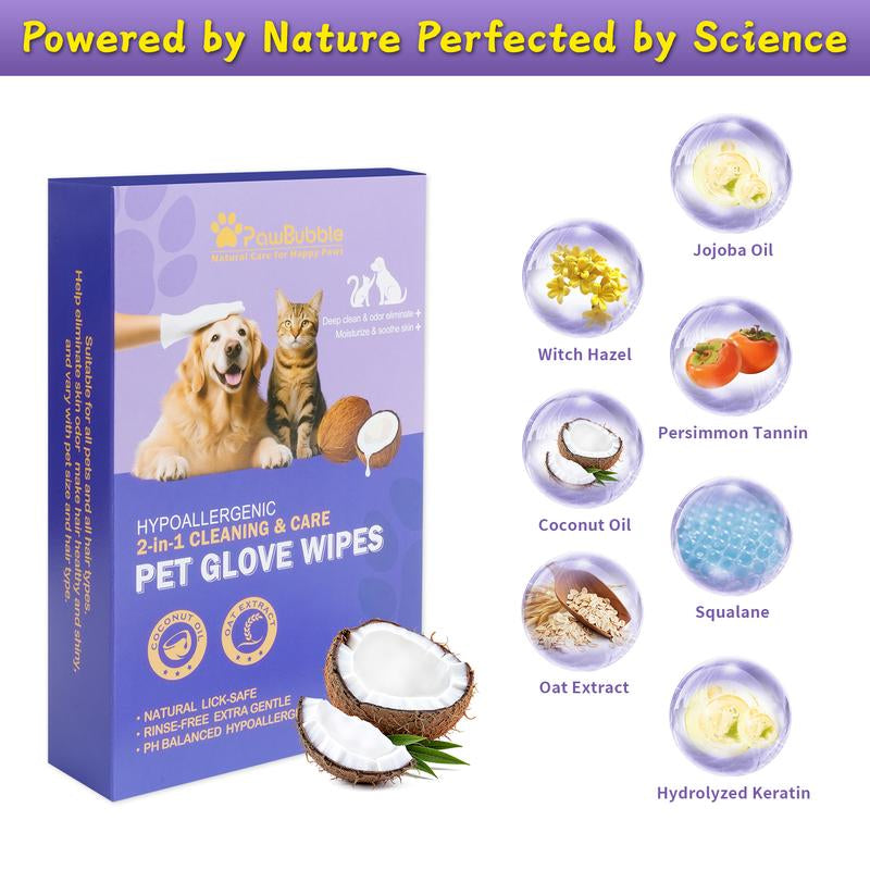 Pawbubble Pet Cleaning Glove Wipes for Dogs & Cats, Hypoallergenic Deodorizing Disposable Bathing Wipes,No-Rinse Grooming Wipes, Extra Thick,Perfect for Pet Dry Cleaning,Daily Care and Travel,6 Pcs