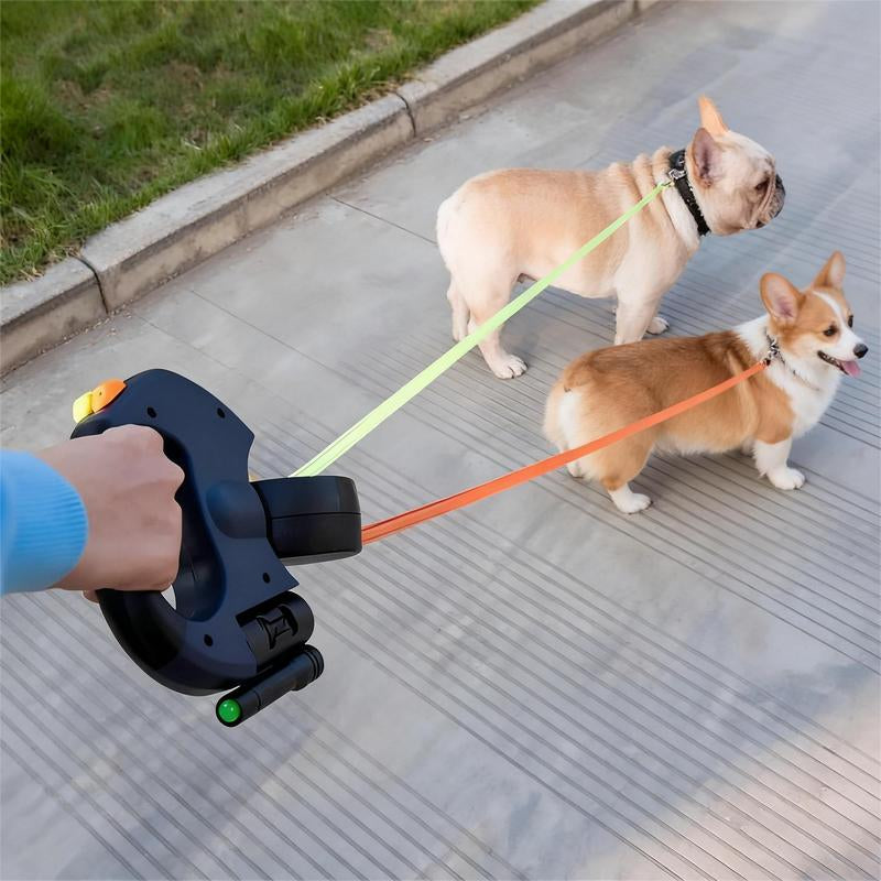 Dual Retractable Dog Leash — 3M, No-Tangle 360° Swivel, Flashlight & Poop Bag Holder