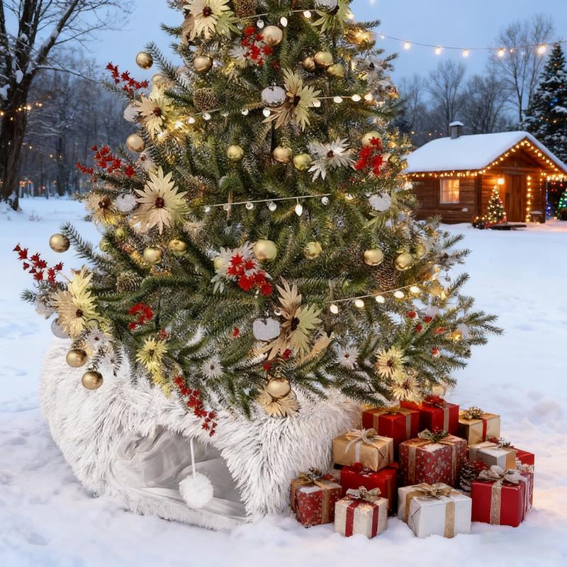 Christmas Tree Skirt Cat Tunnel Bed Soft Plush Multifunctional Collapsible Tunnel with Cotton Cushion for Small Pets Cozy Winter Cat Tunnel Bed with Steel Wire Safety Protection