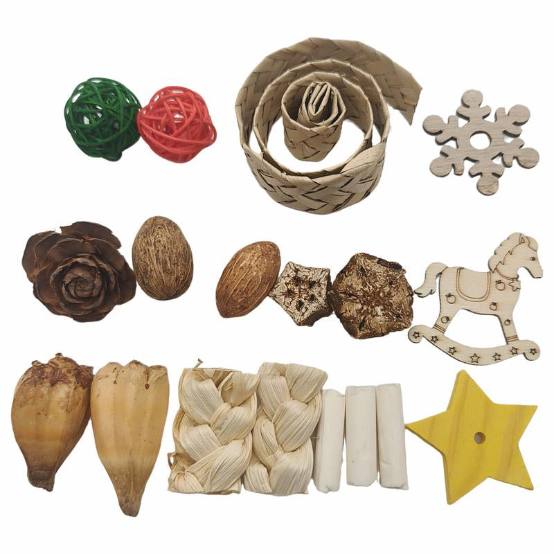 Christmas Foraging Box - 12-Grid 3-In-1 Natural Chew Toy for Birds & Small Pets with Sola Flowers, Wood Blocks & Holiday Treats, Interactive Surprise Box with Hanging Hook (5.1”X6.7”)