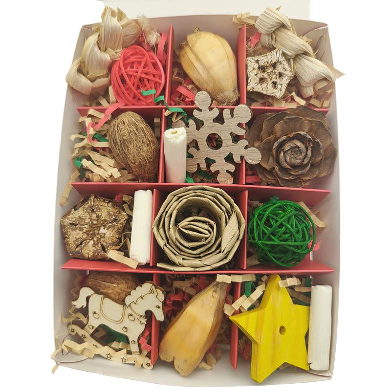 Christmas Foraging Box - 12-Grid 3-In-1 Natural Chew Toy for Birds & Small Pets with Sola Flowers, Wood Blocks & Holiday Treats, Interactive Surprise Box with Hanging Hook (5.1”X6.7”)