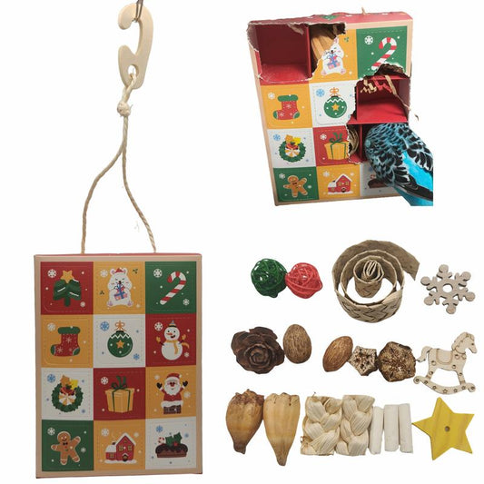 Christmas Foraging Box - 12-Grid 3-In-1 Natural Chew Toy for Birds & Small Pets with Sola Flowers, Wood Blocks & Holiday Treats, Interactive Surprise Box with Hanging Hook (5.1”X6.7”)
