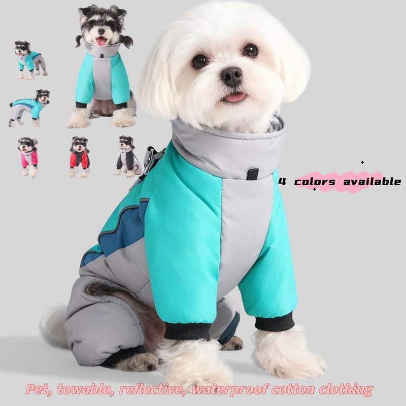 Autumn Winter New Fleece Dog Warm Clothes, Waterproof Leashable Four-Legged Pet Clothing, Portable Dog Jacket, Outdoor Reflective Anti-Cold Dog Coat